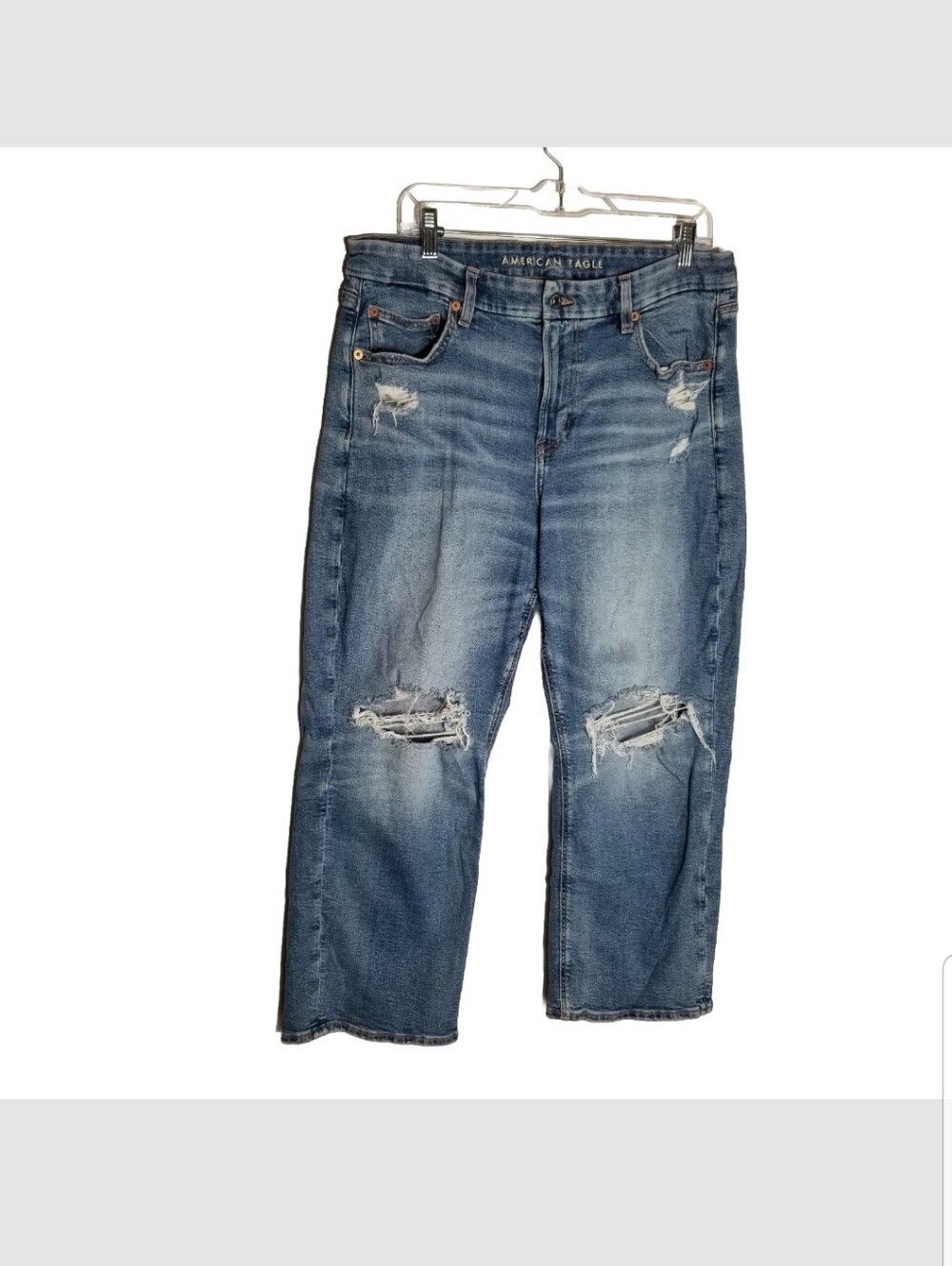 American Eagle Curvy Straight Jeans Women's Size 14 Short Blue Denim Distressed